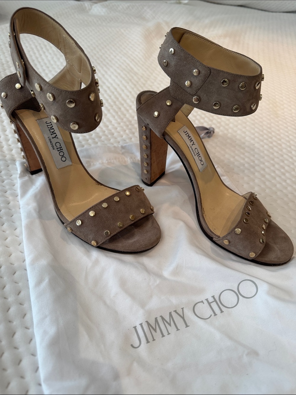 Jimmy Choo Taupe Suede Studded Block-Heel Sandals